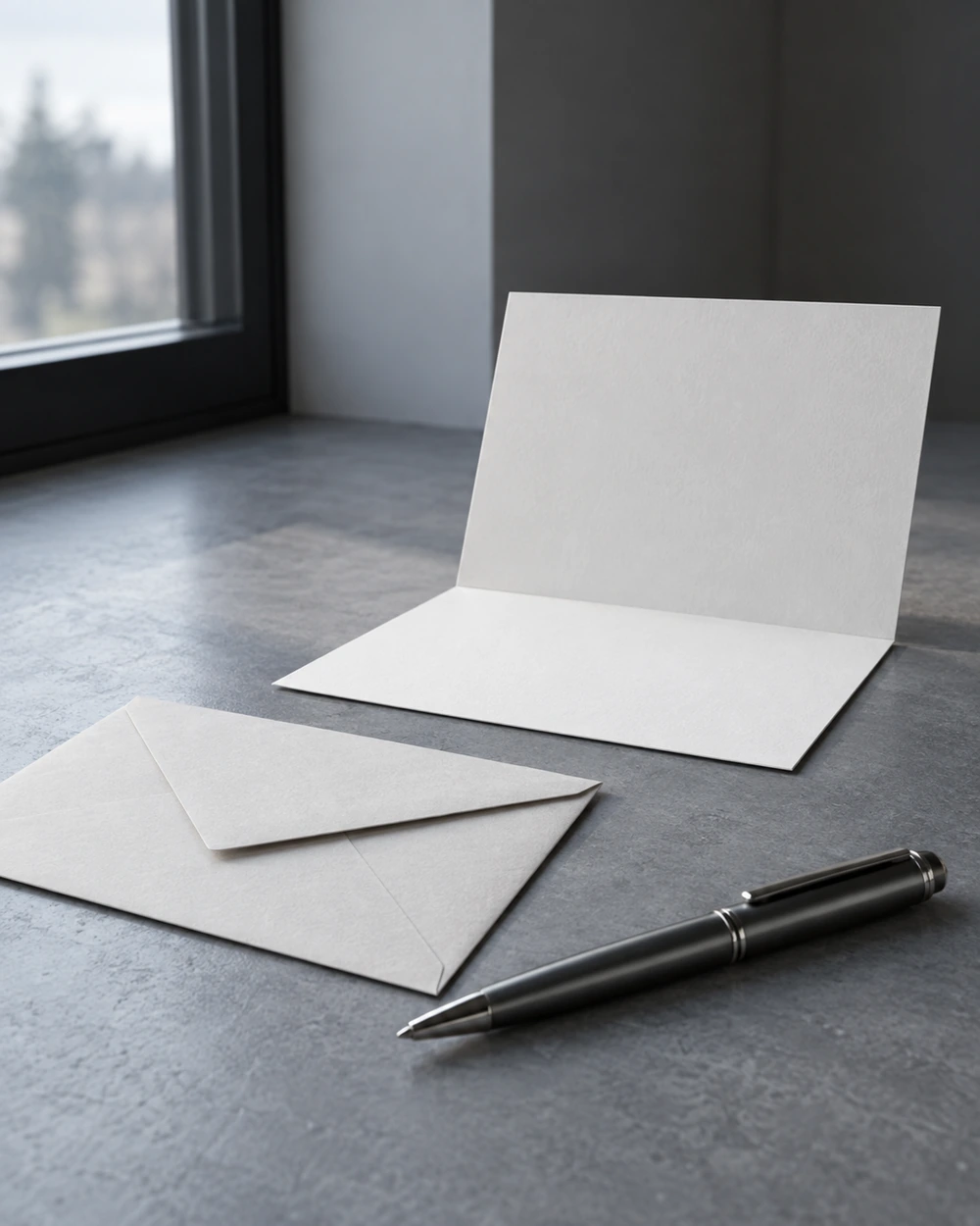 A blank correspondence card, envelope and dark metal pen on a desk beside a window.