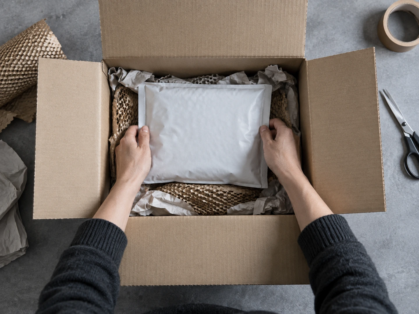 Hands placing a padded pouch inside a shipping carton lined with protective cushioning.